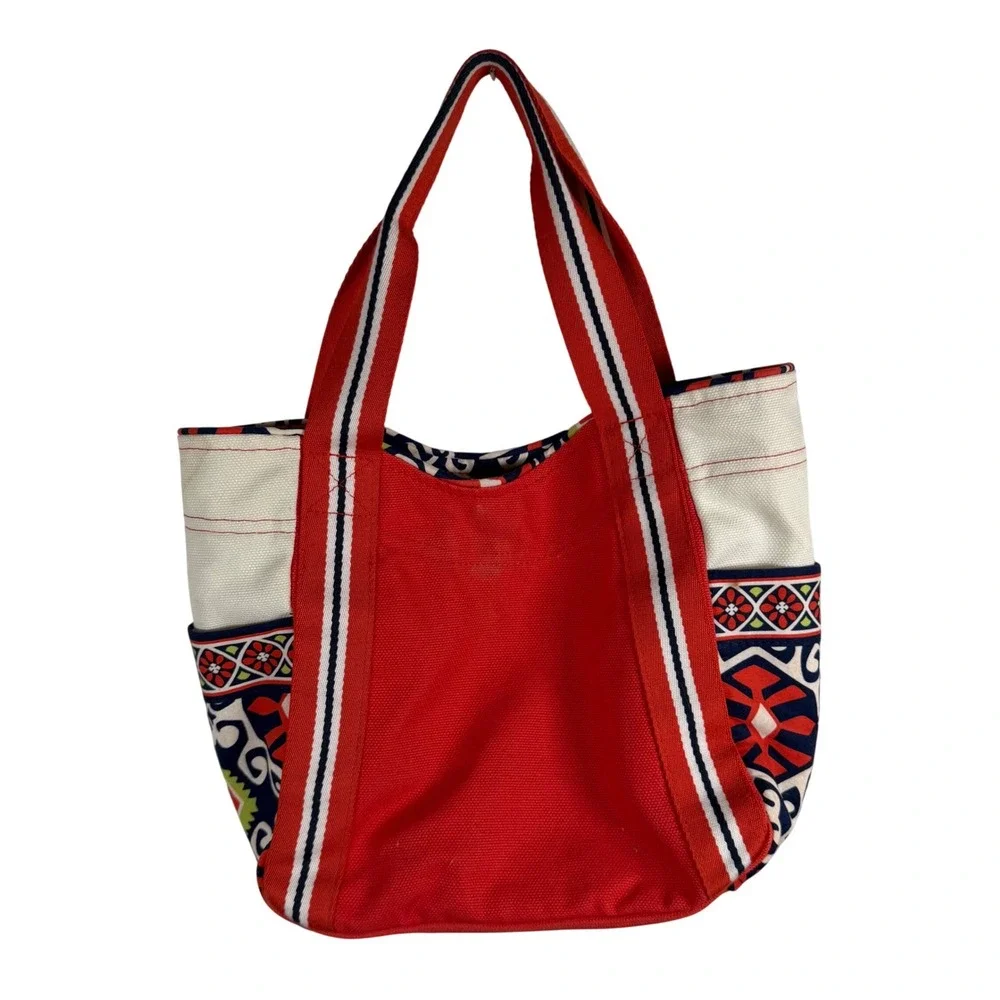 Vera Bradley Tote Bag Womens Medium Red Canvas Geometric Floral Striped Straps